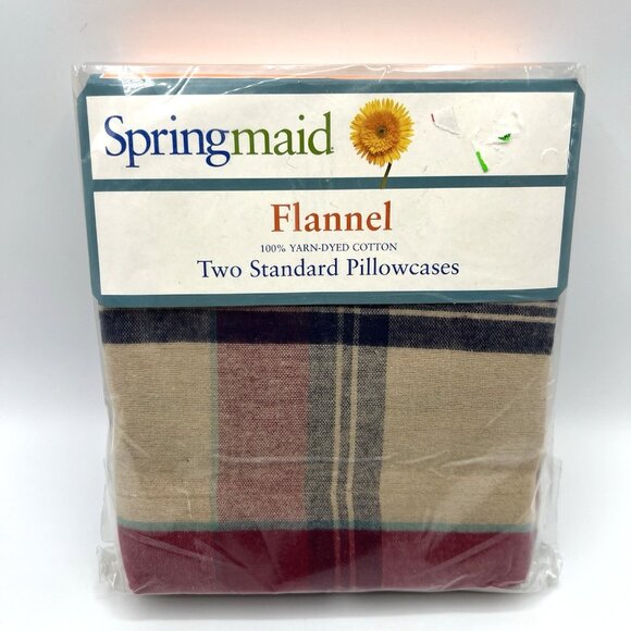 Springmaid Flannel Pillowcases Camden Blue Red Taupe Plaid Pair - Picture 1 of 3